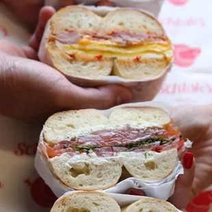 Breakfast with ham, and lox sandwich