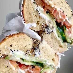 Build your own: Everything bagel, Kitehill vegan cream cheese, tomato, cucumber. Yum!!!