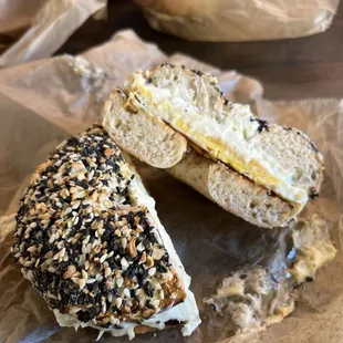 Whole wheat everything bagel Egg, white American cheese, and scallion cream cheese.