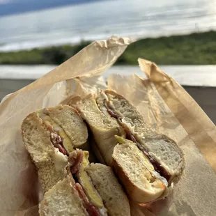 Bacon, egg and cheese on a sesame bagel