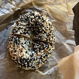 Everything bagel with egg and cheese.