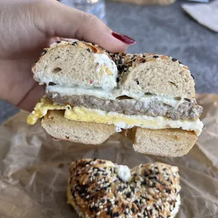 Everything bagel with egg, sausage, cheese, and herb cream cheese