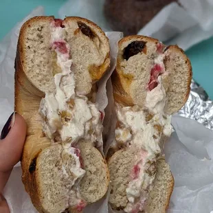 Stuffed french toast style bagel (cinnamon raisin bagel with cream cheese, syrup, walnuts, strawberries and bananas)