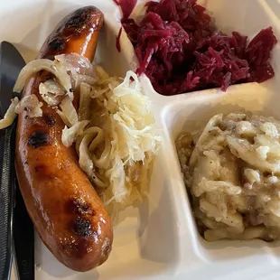 Bahama Mama (no bun), with onions, sauerkraut, pickled cabbage, German potato salad
