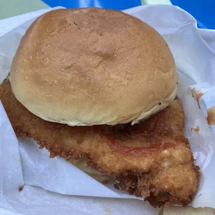 Schnitzel Sandwich: The cook was perfect. I'd go with no ketchup next time with extra mustard and pickles.
