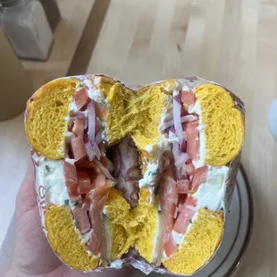 Nova lox bagel sandwich with chive cream cheese