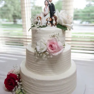 A better pic of the delicious cake that Emily made for our wedding--strawberry&amp;almond. Flowers from The Flowerman and Cake topper from Etsy.