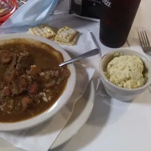 Gumbo and potato salad.