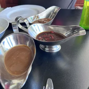 Assortment of sauce for schnitzel and brats. Pepper in the middle