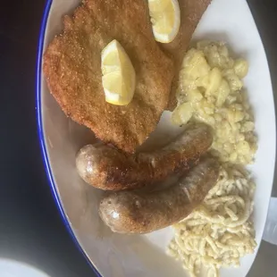 Schnitzel plate 2 schnitzel and 2 brats with potato salad and spaetzle
