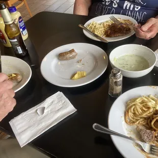 Gurkensalat, Bratwurst, Jägerschnitzel, Spätzle, Warsteiner beer, Hofbräuhaus beer