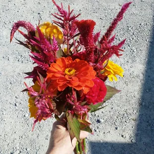 a person holding a bouquet of flowers