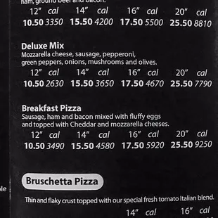 Pizzeria menu