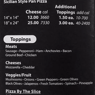 Pizzeria menu