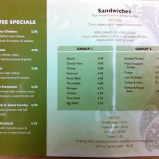 the menu for the school house deli specials