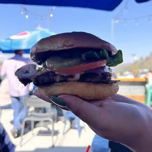 a person holding a hamburger in their hand