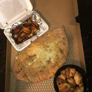 Teriyaki wings, dough knots (loaded), chicken cordon blue calzone.