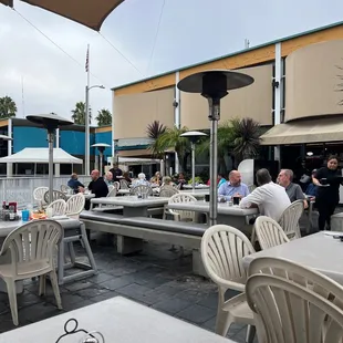 a group of people sitting at outdoor tables