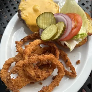 Angus Burger and Onion Rings
