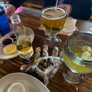 a table of food and drinks