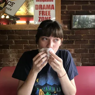 Sometimes folding your giant pizza still doesn't keep you from making a mess with it!