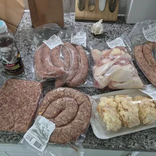 One of my many hauls from Schotts, with chicken wings, a LOT of sausage, pan sausage, and baked potatoes.