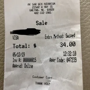 Receipt for two adults and two children.