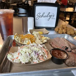 Tender juicy brisket, coleslaw, baked potato salad, tea, and fried okra.