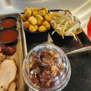 Fried okra, coleslaw,  pecan cobbler