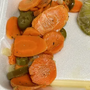 Pickled carrots, onions and jalapeños.