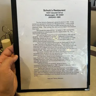 The Restaurant's Story on the Front of the Menu