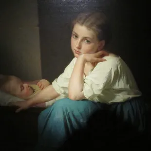 1800's Painting - Young Girl Watching Over Her Baby Brother
