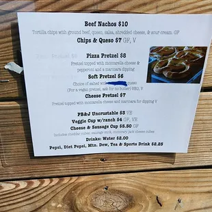 Sarah's snack shack menu