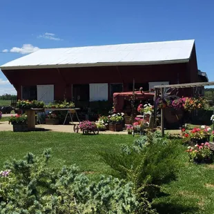 a red building with a white roof