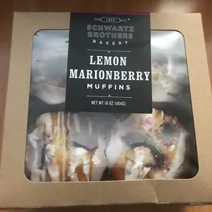 a box of lemon marroneberry muffins