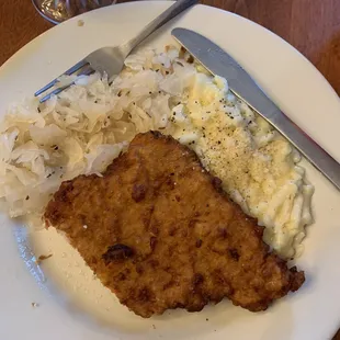Jagerschneitzel was delicious and tender.  The noodles and sauerkraut we excellent sides.