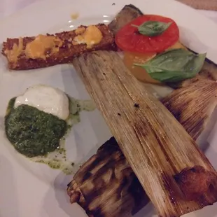 Chilian braised brisket tamales, onion, pepper, chicos, feta, garlic polenta fingers, grilled zucchini and tomatoes (Chef Daniel- Root Cafe)