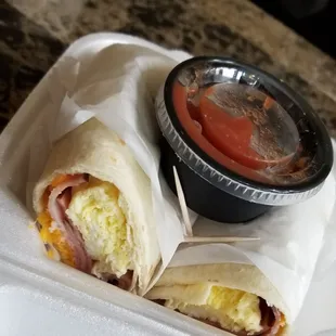 Ham, egg, and cheese breakfast burrito.