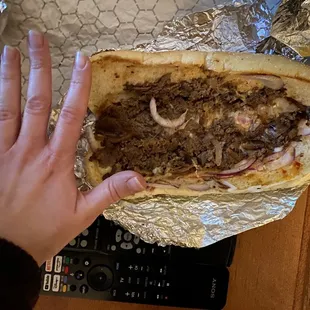 My hand for scale. Meat doesn't even cover the bottom half of the bun in a single layer.