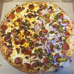 Large-Pepp/sausage (full) and with Jalapeno/onions (half)