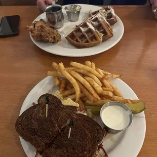 Chicken and waffles (waffles were overcooked)  Rueben Sandwich (didn't have a lot of flavor and was a dripping watery mess)