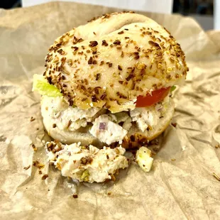 The Streisand, chicken salad, lettuce, tomato, on a Onion Garlic Bagel - YUM! (01/26/22)