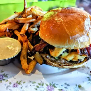 SCOFFLAW BURGER - double stacked, apple wood bacon, american cheese, griddled onions, dill pickle, house sauce, buttery bun