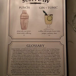 Menu with cute illustrations and glossary