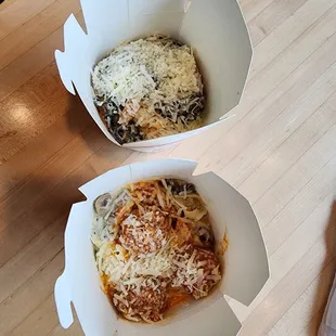 Up- Shrimp Scampi Squid ink pasta  Down- mushroom truffle tagliatelle with meat balls