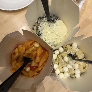 shrimp scampi, radiatori with white truffle sauce, and rigatoni with arrabbiata sauce