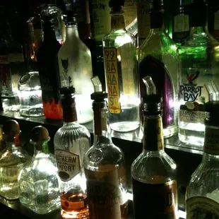 a row of liquor bottles