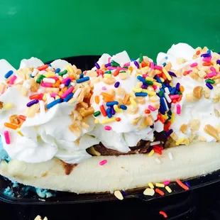 Banana split with Cookie Monster ice cream rocky road and vanilla