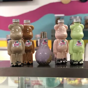 Milk tea and slush with boba in bear and bulb bottles