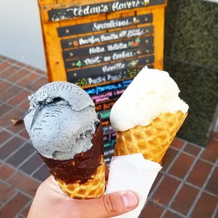 Black Sesame on a chocolate dipped waffle and Bourbon Vanilla w/ Salted Caramel Swirl on waffle cone